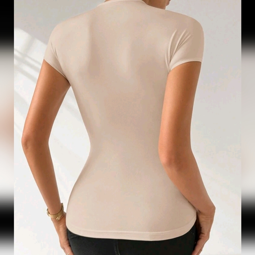 Women's Elegant Romantic Metal Accent Open Shoulder Bodycon T-Shirt - Picture 2 of 5